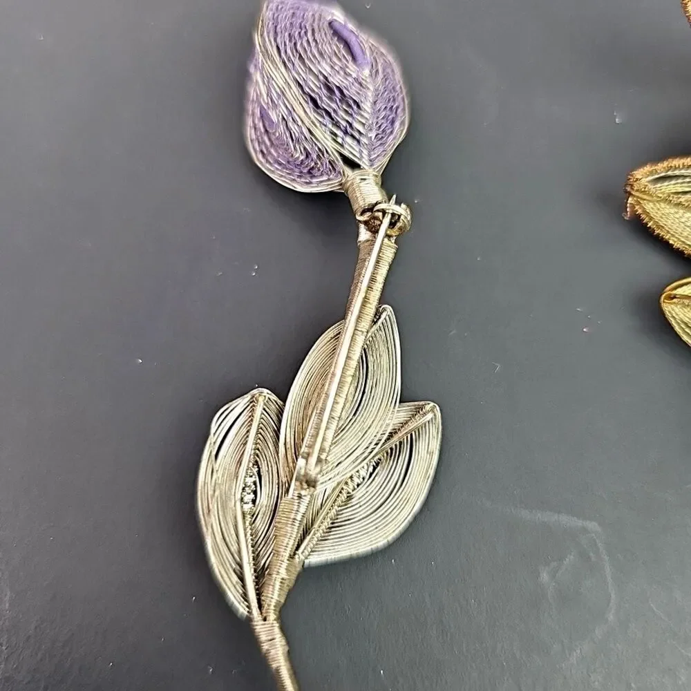 Vintage Wire Work Filigree Floral Brooches Two Different Styles Silver Gold Tone